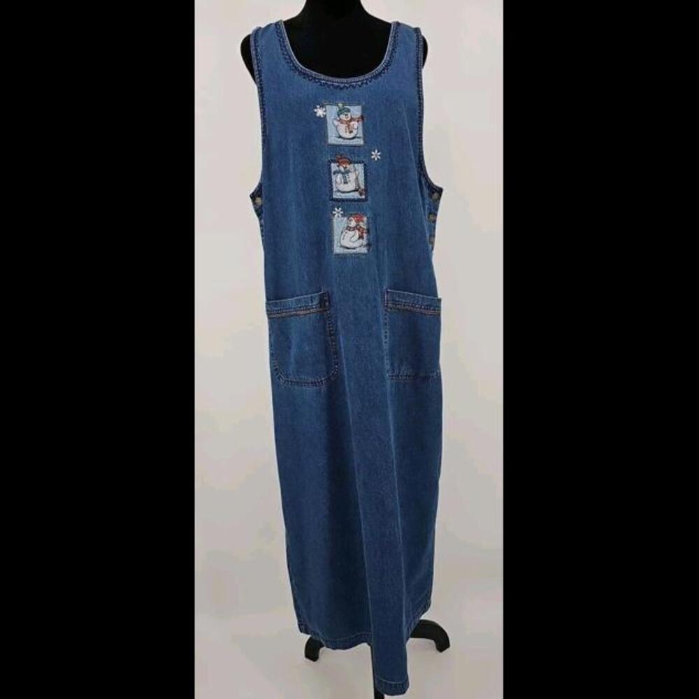 Vintage Bobbie Brooks "Snowman" Long Denim Sleeveless Jumper Dress Size L  12/14